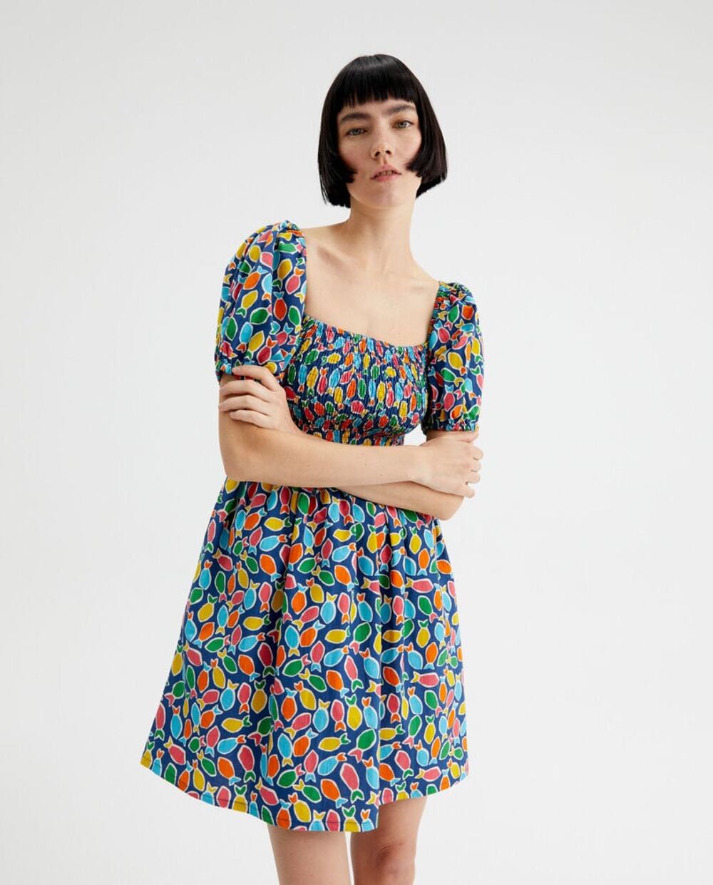 COMPANIA FANTASTICA Smocked Cotton Fish Animal Colorful Print Dress